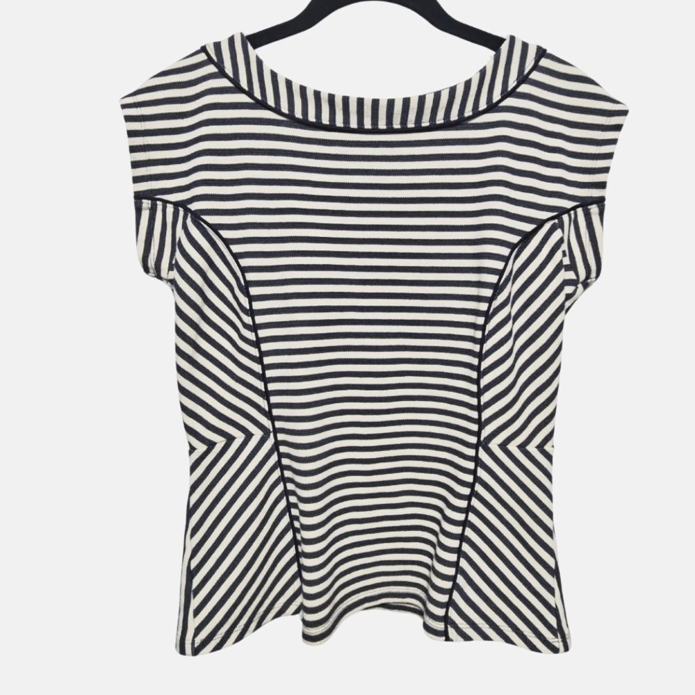 Ann Taylor Striped Structured Blouse Boat Neck Cap Sleeve Zip Back Size S